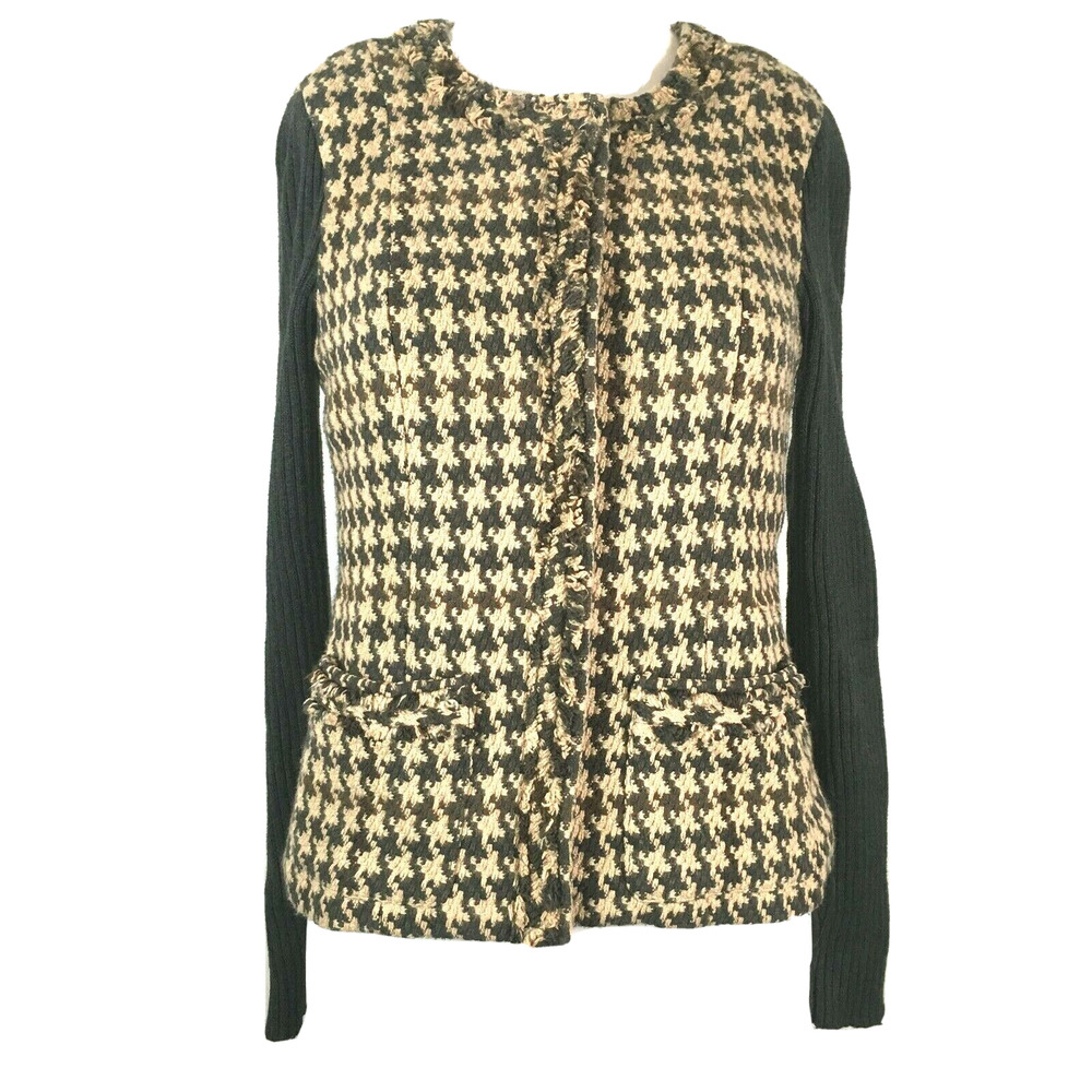 CAbi Blazer Jackets Women 0 Brown Beige Houndstooth Tweed Cotton Zip‎ Sweater